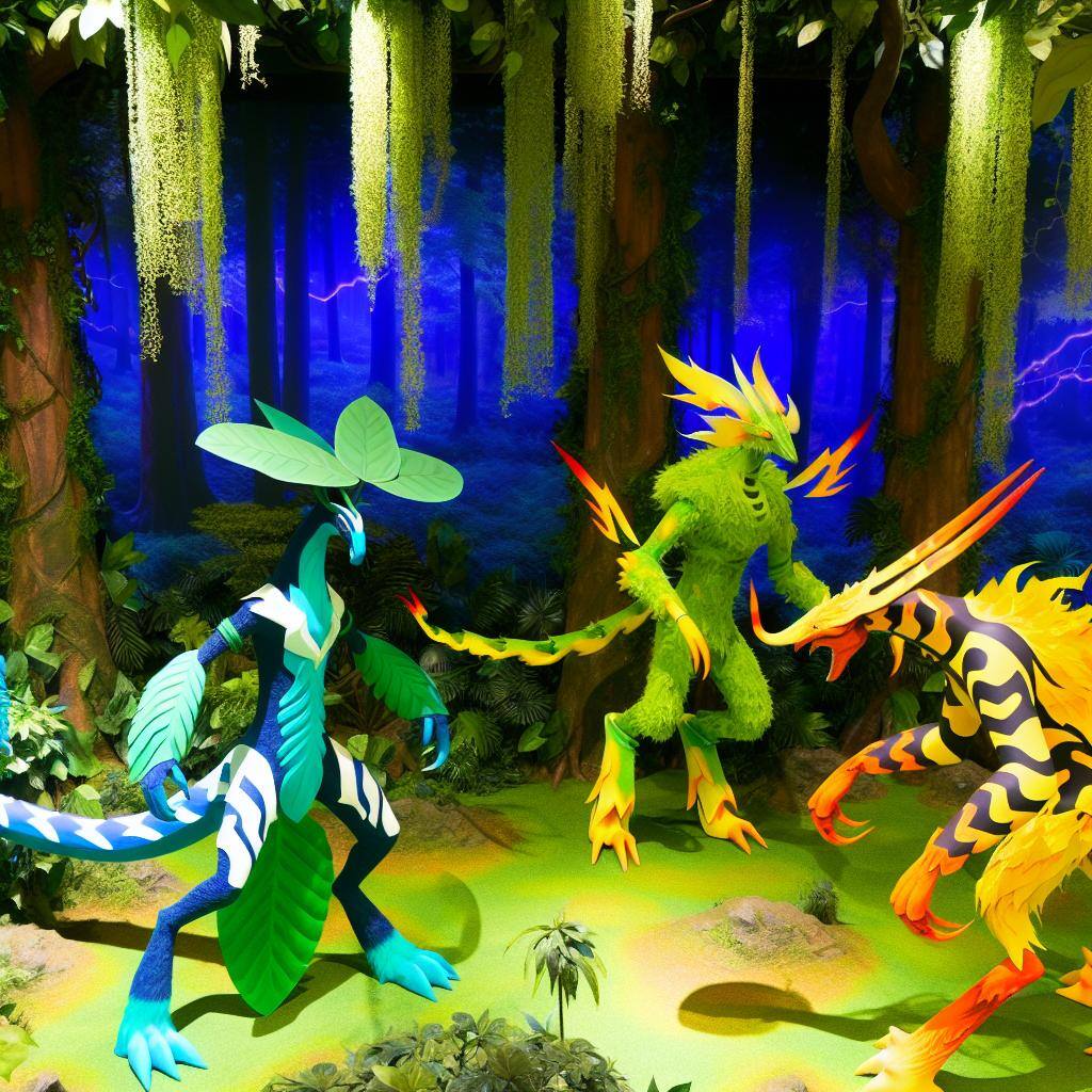 A lush rainforest setting with exotic Pokemon creatures battling in a fierce competition.