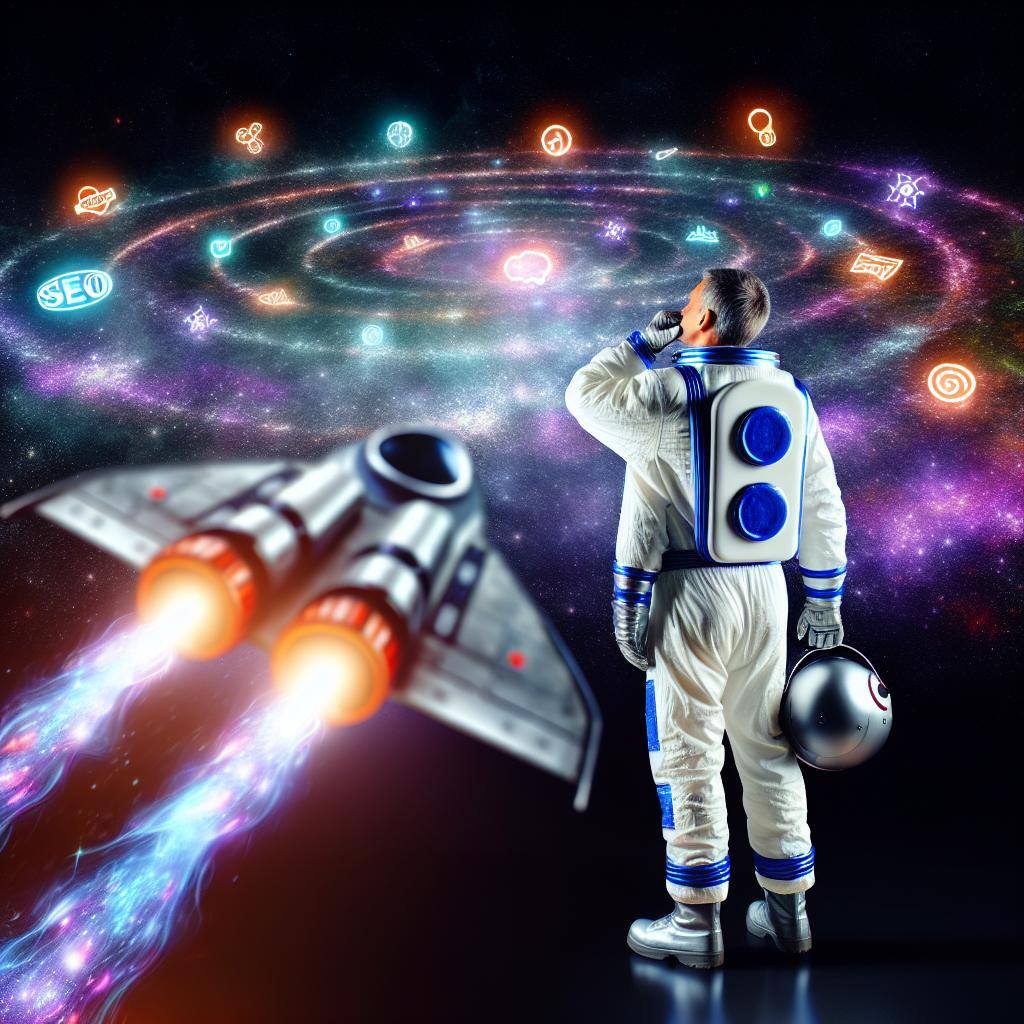 Um astronauta explorando um vasto universo de marketing digital, com uma nave espacial impulsionando seu sucesso online.